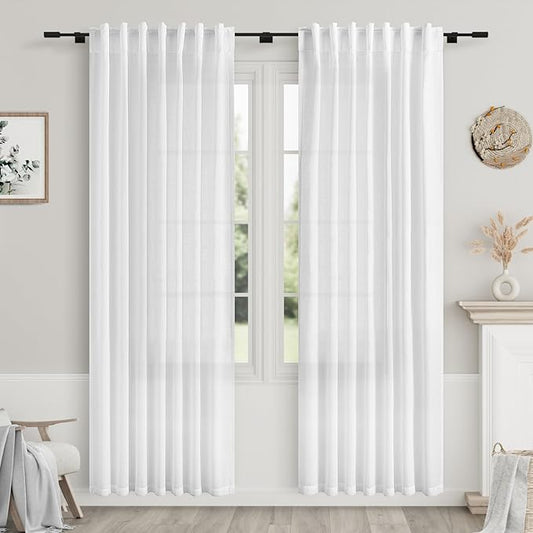 Nanspring White Linen Blend Light Filtering Curtains 82 Inch Length 2 Panel Set Back Tab Rod Pocket Drapes Privacy Semi Sheer Decorative Decor Curtain for Bedroom Living Room 52x82
