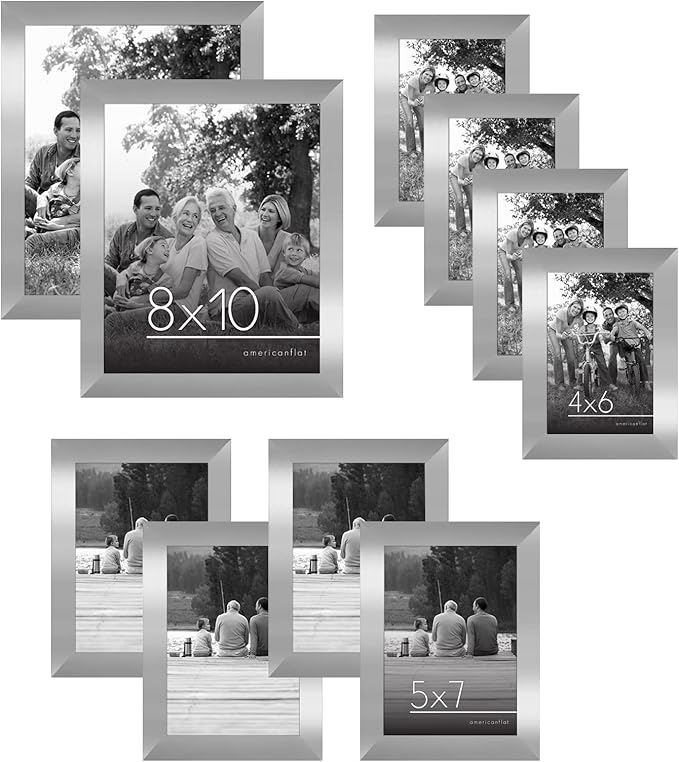 Americanflat Set of 10 Picture Frames with Shatter-Resistant Glass - Gallery Wall Frame Set with Two 8x10, Four 5x7 and Four 4x6 Frames - Signature Collection - Silver