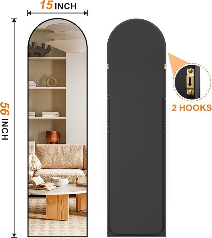 TRAHOME Arched Full Length Mirror, 56"x15" Standing Body Mirror for Wall, with Aluminum Alloy Frame for Bedroom, Living Room, Dressing Room(Black)