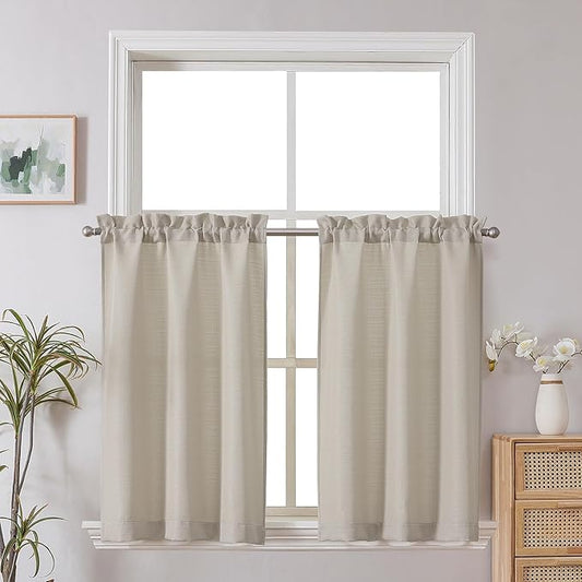 Chyhomenyc 2 Panels Kitchen Curtains 36 Inch Length, Faux Linen Textured Small Cafe Curtains, Light Filtering Short Window Curtains for Bathroom Basement, Each 30x36 inch, Moon Beige