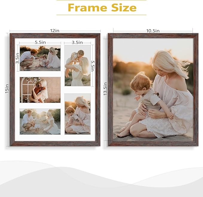 Golden State Art, 11x14 Distressed Brown Wooden Frame with White Mat - Displays Five 4x6 Photos - Tempered Glass - Wall Mounting, Portrait, Set of 2