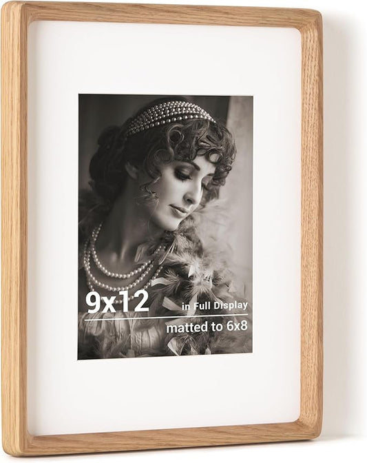 Fun Memories 9x12 Picture Frame, USA-Sourced Oak Wood Photo Frames with HD Tempered Glass, Handcrafted Rounded Corner 9 x 12 Wooden Frames Matted to 6x8 Photos, 9x12 Frame, Tabletop or Wall Display