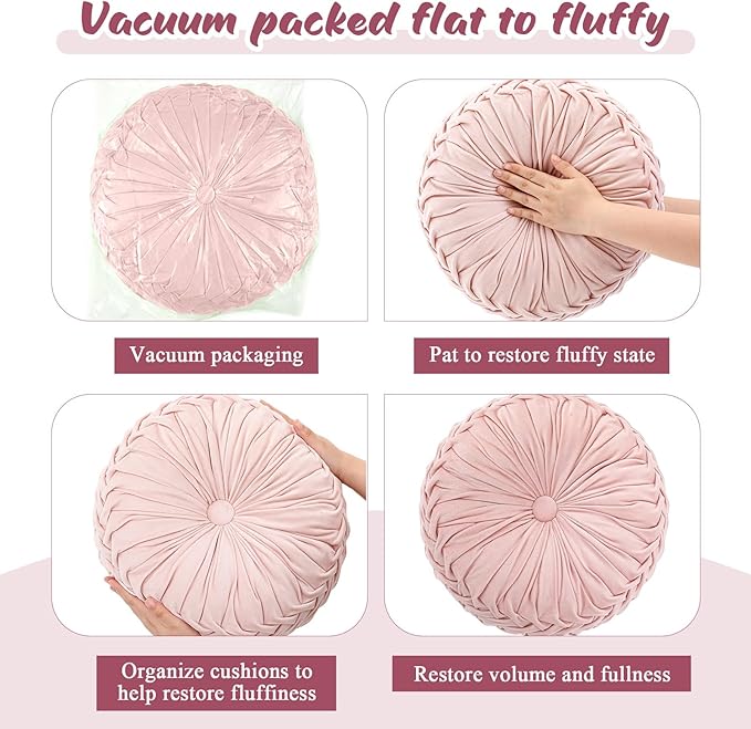 Drydiet 1 Pcs Round Throw Velvet Pillows Decorative Pleated Throw Pillows 15'' Diameter Accent Pumpkin Boho Chair Cushion for Couch Sofa Home Decoration (Pink)