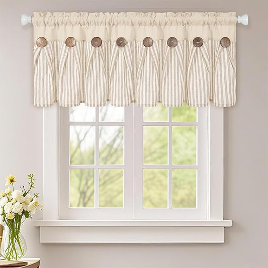 ASPMIZ Farmhouse Cotton Linen Valances for Windows, Boho Kitchen Curtains Valances with Rustic Button, Khaki Striped Window Treatments Curtain Valance for Bathroom Cafe, 52 x 18 Inch, 1 Pannel
