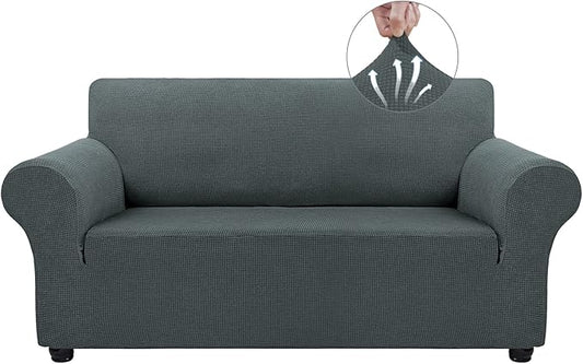 Asnomy Sofa Covers for 2 Cushion Couch Stretch loveseat Covers Slipcovers, Pet Protector Furniture Covers for Dogs Cats Spandex Jacquard Fabric Small Checks （Medium，Gray）