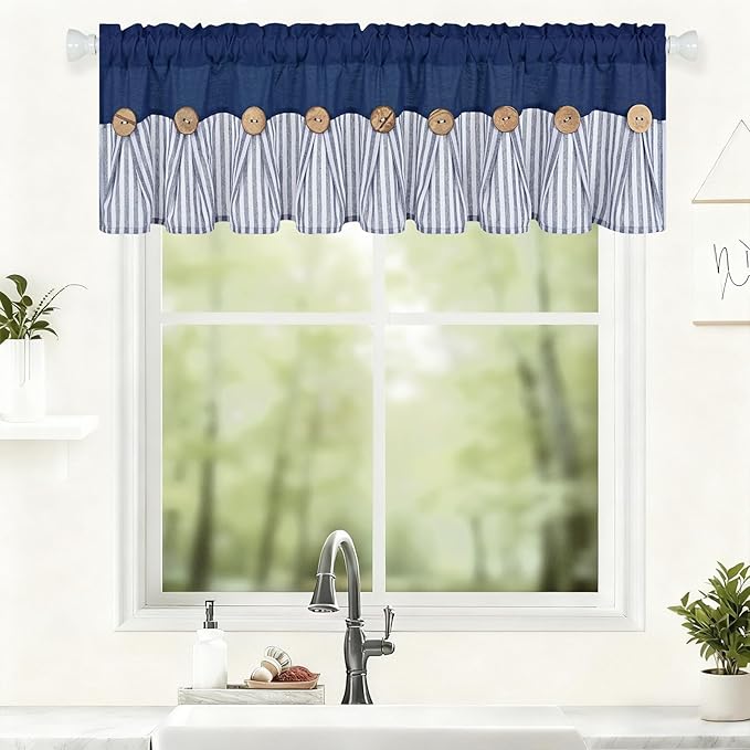 ASPMIZ Farmhouse Cotton Linen Valances for Windows, Boho Kitchen Curtains Valances with Rustic Button, Blue Striped Valance Window Topper Treatment Tiers, Window Valances for Bathroom, 60 x 14 Inch
