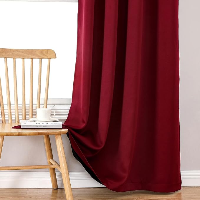 ChrisDowa 100% Blackout Curtains for Bedroom with Black Liner, 2 Thick Layers Total Blackout Thermal Insulated Grommet Window Curtains 2 Panels Set (Burgundy, 52 x 45 Inch)