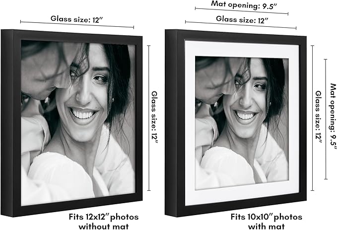 Americanflat 12x12 Picture Frame with Polished Plexiglass - Use as 10x10 Frame with Mat or Display 12x12 Photo Without Mat - Soho Collection - Deep Molding Square Frames for Wall Display - Black