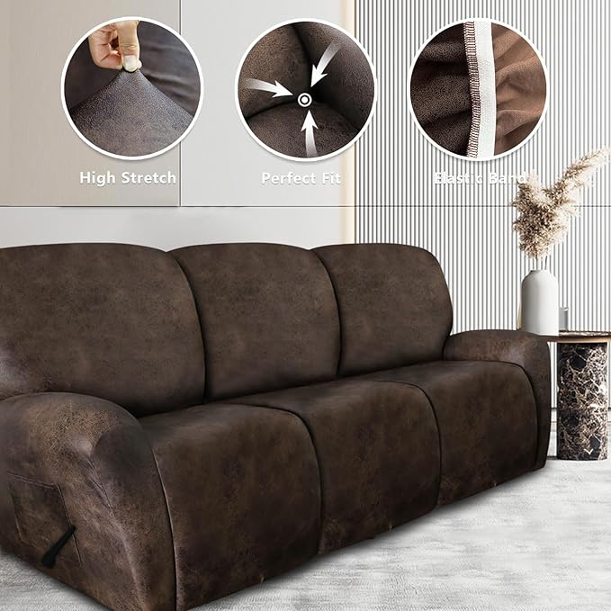 ANARACHON Leather Look Recliner Couch Cover 8-Piece Recliner Sofa Slipcovers 3 Seater for Reclining Couches Furniture Protector Spandex Fabric Washable (Recliner Sofa, Brown)