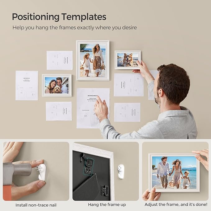 SONGMICS Picture Frames with 16 Mats, Set of 10 Collage Photo Frames, Two 8x10, Four 5x7, Four 4x6 Frames, Hanging or Table Display, Glass, 12 Non-Trace Nails, Cloud White URPF049W01
