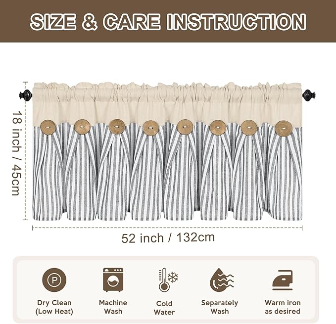 ASPMIZ Farmhouse Cotton Linen Valances for Windows, Boho Kitchen Curtains Valances with Rustic Button, Country Grey Striped Window Treatments Curtain Valance for Bathroom Cafe, 52 x 18 Inch, 1 Pannel