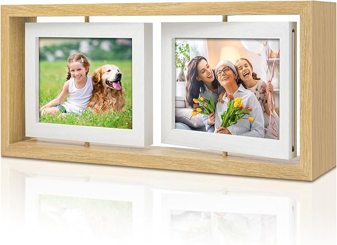 ZEEYUAN 4x6 Desk Picture Frame Rotating 4x6 Floating Photo Frame Wooden Double Side Frame Tabletop for Office Home Decor