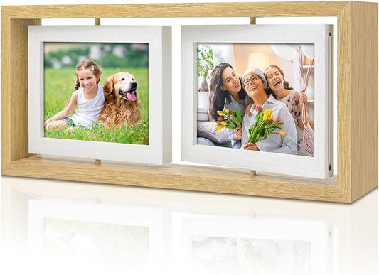 ZEEYUAN 4x6 Desk Picture Frame Rotating 4x6 Floating Photo Frame Wooden Double Side Frame Tabletop for Office Home Decor
