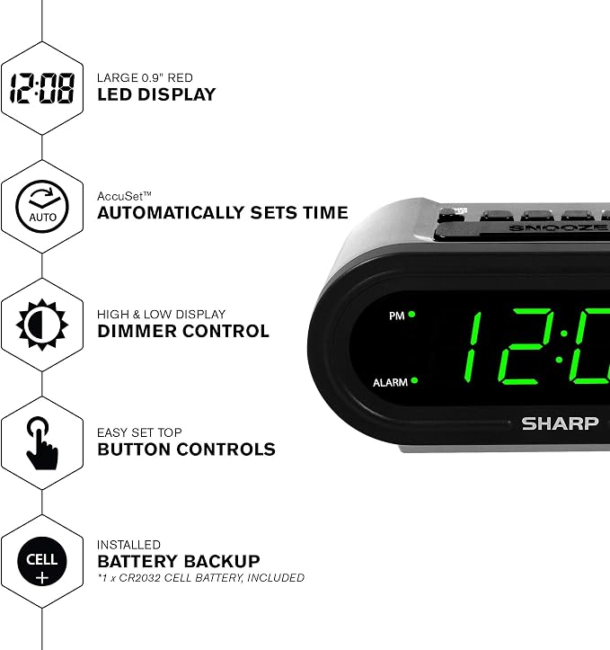 Sharp AccuSet Self-Setting Alarm Clock with Auto DST, Green LED - Image 2