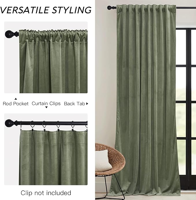 RYB HOME Sage Green Velvet Curtains 92 inches with Hook Belt, Soft Fabric Room Darkening Thermal Insulated Luxurious Home Decor Curtains for Living Room Bedroom, W 52" x L 92", 2 Panels Set