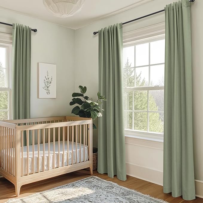 100% Blackout Shield Linen Blackout Curtains for Bedroom 108 Inches Long, Back Tab/Rod Pocket Living Room Drapes, Thermal Insulated Blackout Curtains 2 Panels Set, 50" W x 108" L, Sage