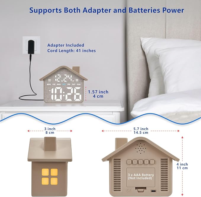 Plumeet Digital Alarm Clock, Bedroom Clock with Large Numbers, Date, Week, Dual Alarms, Dimmer and Ambient Light, House-Shaped Electric Bedside Desk Clock, Adapter Batteries Powered, Grey - Image 5