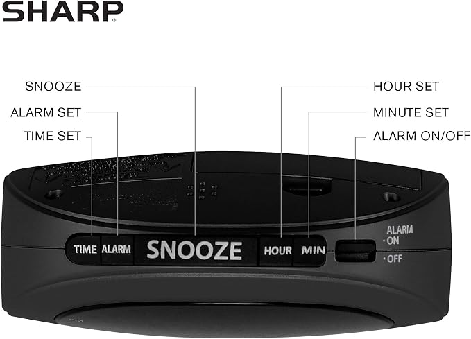 Sharp Small Digital Alarm Clock, Red LED, Snooze, 9V Battery Backup, Black - Image 3