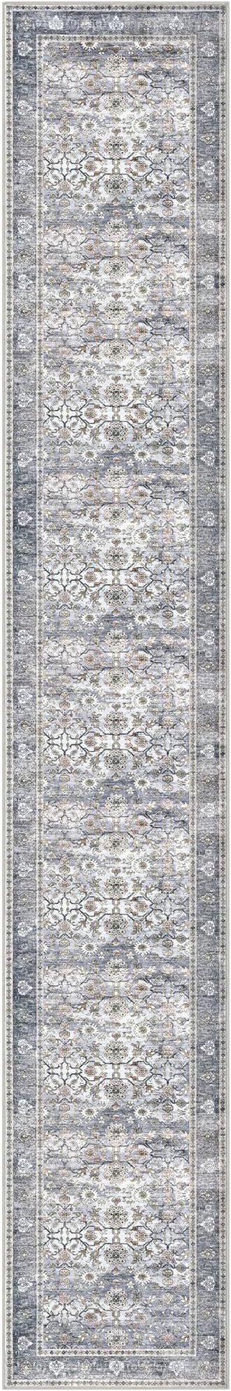 KUTA Vintage Washable Long Hallway Runner Rug, 2.6x16 Grey Blue Non-Slip Kitchen Rugs Ultra Thin Soft Printed Distressed Oriental Floral Floor Carpet for Laundry Bedroom Living Room Nursery