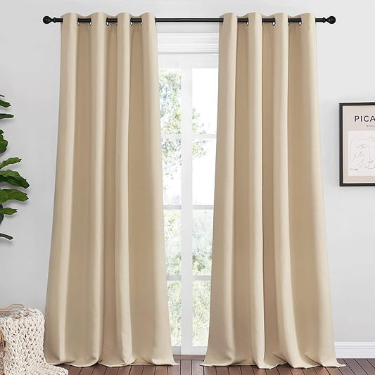 NICETOWN Bedroom Room Darkening Curtains - Triple Weave Microfiber Grommet Top Thermal Insulated Solid Panels/Drapes for Kid's Room (Biscotti Beige, 1 Pair, 55 inches by 90 Inch)