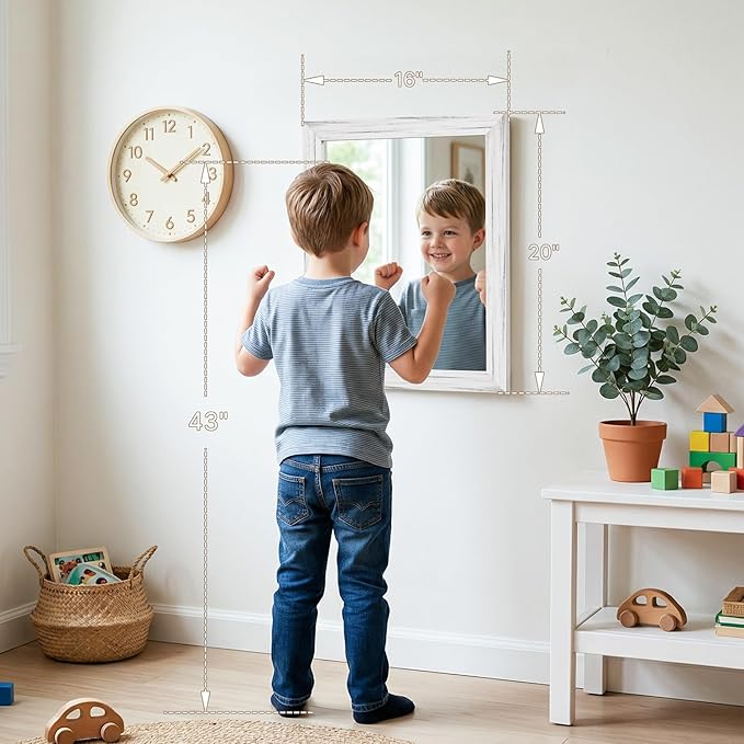 White Wood Effect Framed Wall Mirror, 16x20 Rectangle Mirror, Anti-desilvering Tempered Glass, Sustainable& Sturdy Frame, Farmhouse Mirror, Anti-Rust, 3min Fast Setup for Bathroom Living Room