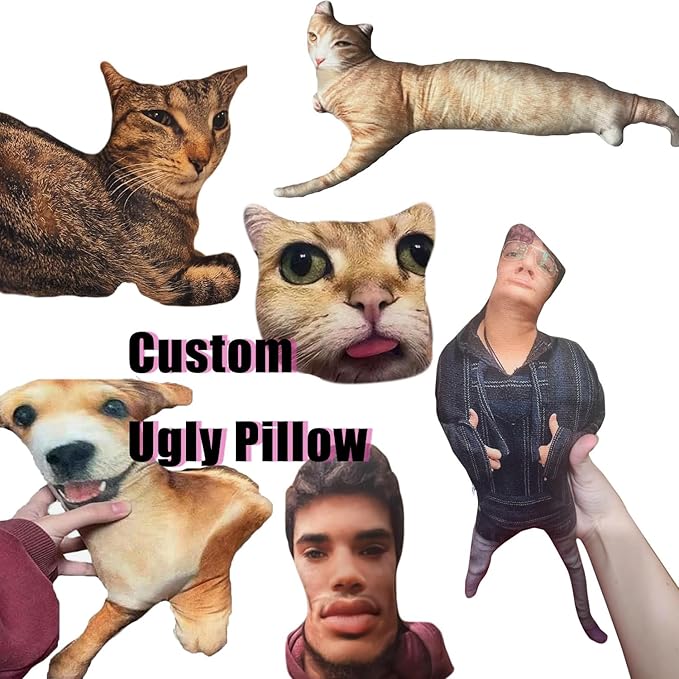 FETNHU Customized Ugly Pet Pillow - DIY Abstract Personalized Funny Cute Cat Dog Pillow - No White Edges, Stuffed Animals of Your Pet, Funny Gifts for Friends