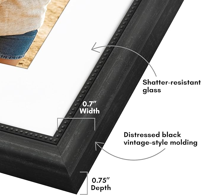 Americanflat Vintage Frames - 8x10 Picture Frame with Beaded Accents and Shatter-Resistant Glass - Use as 5x7 Frame or Display 8x10 Photos Without Mat - Heirloom Collection - Tabletop or Wall - Black