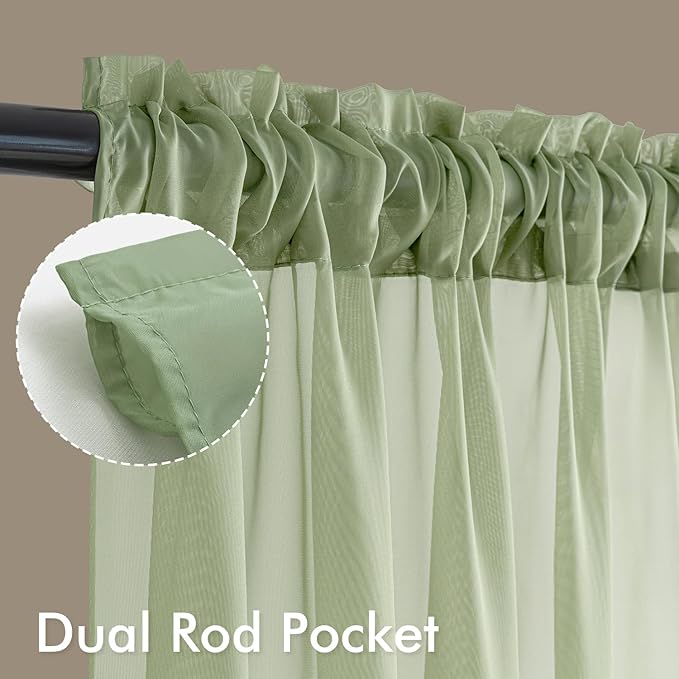 MIULEE Sage Green Sheer Curtains 90 Inches Long, 4 Panels Set, Light Filtering Rod Pocket Voile Drapes Window Treatments, Semi Transparent Airy Fabric for Bedroom and Living Room, 42 x 90 Inches