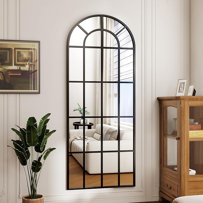 24"×65" Windowpane Arched Full Length Mirror, Grid-Designed Decorative Farmhouse Full Body Floor Mirror with Metal Frame Hanging Leaning for Entryway, Living Room, Home Decor, Black