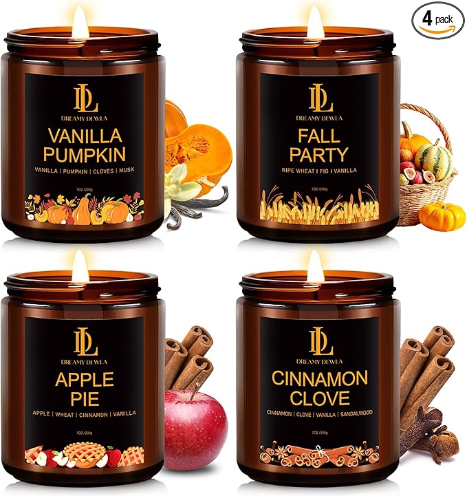Scented Candles for Home, 4 Pack Soy Candle Set, Candle Gifts for Women Men,Scents of Vanilla Pumpkin/Cinnamon Clove/Apple Pie/Fall Party