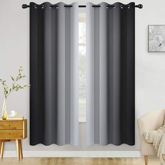 COSVIYA Grommet Ombre Room Darkening Curtains 72 inch Length 2 Panels, Black and Grayish White Gradient Drapes Light Blocking Insulated Thermal Window Curtains for Bedroom/Living Room,52x72 inches