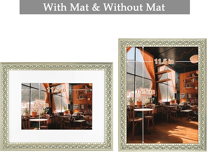 Golden State Art, 12X16 Ornate Finish Photo Frame with White Mat for 8X12 Picture & Real Glass, Color: Silver Beige