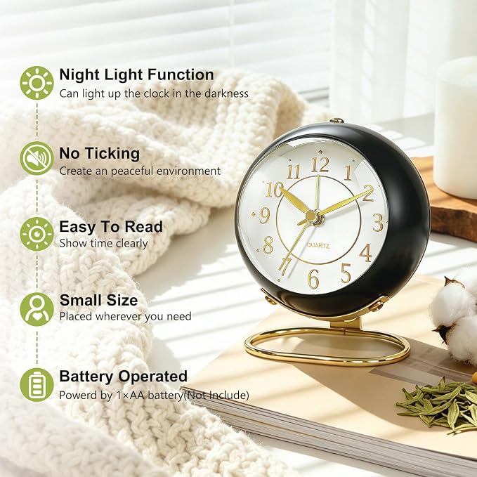 Analog Alarm Clock, Retro Small Desk Clock with Night Light, Backlight Cute Simple Design, Silent Non-Ticking, Battery Powered, for Bedroom,Travel,Kitchen,Bedside Desktop Decor - Image 2