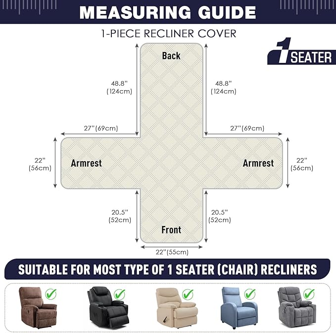 TAOCOCO 100% Waterproof Recliner Chair Covers, Non Slip Recliner Covers for Recliner Chair with Pocket, Washable Reclining Chair Cover Furniture Protector for Kids,Dogs(22'', Navy Blue)