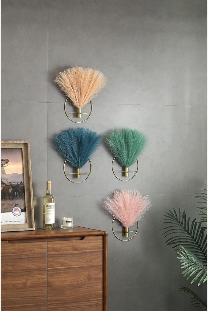 Pretty Jolly Boho Wall Decor - Hanging Artificial Pampas Display for Living Room, Bedroom, Bathroom, Dining Room - Wall-Mounted Metal Art Plant Decor (2 Pack)