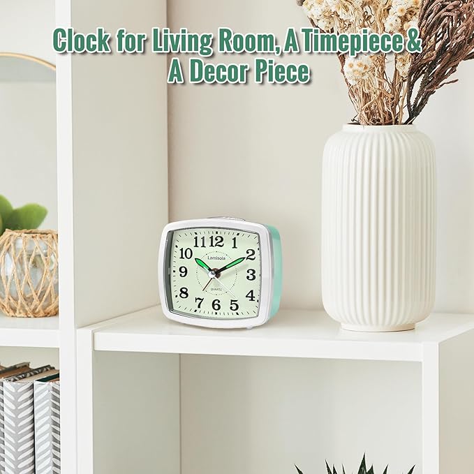 Battery Analog Travel Alarm Clock, Small Clock for Bedroom, Desk Table Shelf Clocks for Room Office Bathroom Vanity, Aesthetic Retro Clocks for Kids Teen Seniors, Mint