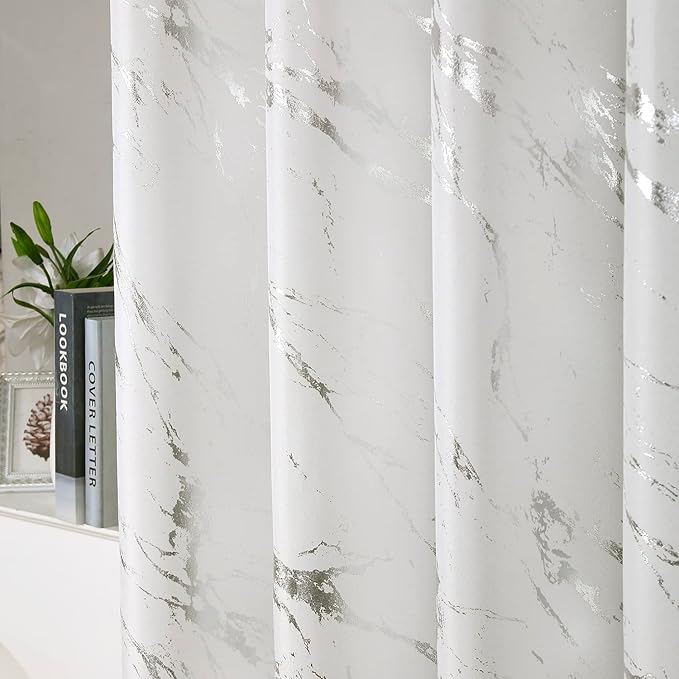 Taisier Home Silver Foil Print Linen Textured Curtains - Geometric Marble Pattern Design for Living Room - Thermal Insulated Window Treatment, 2 Panels, 63" L, Off White and Silver