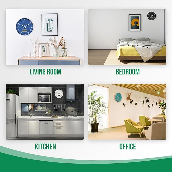 Wall Clock with LCD Display Non-Ticking Silent Quartz Movement Decor Clock with Perpetual Calendar and Temperature Modern Style Round Wall Clocks for Office/Living Room/Bedroom(Green, 12inch)
