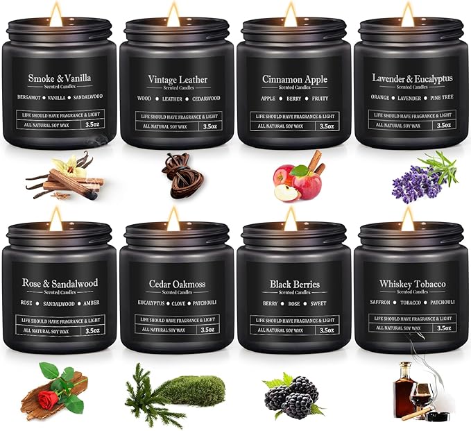 Manly Scented Candles for Men, 8 Pack Soy Candles for Home Scented, Up to 250H Burning, Aromatherapy Candle Set, Masculine Mens Candle Gift Set for Father Boyfriend Him, Birthday Valentine's Day Gifts
