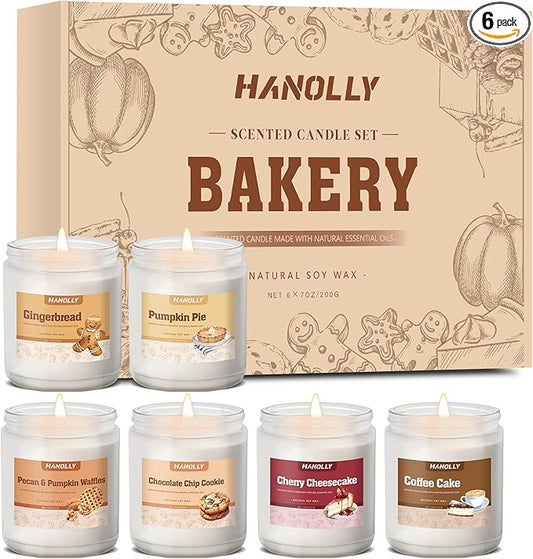 Bakery Candles Set, 6 Pack Fall Winter Candles for Home Scented, Candle Gift Set,Soy Wax Long Lasting Jar Candle of Pumpkin Pie, Coffee Cake,Gingerbread,Chocolate Cookie,Cherry Cheesecake Aromatherapy