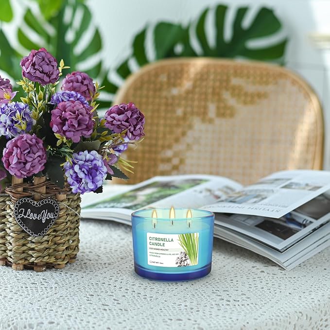 2x14oz Large 3-Wick Outdoor Indoor Citronella Candles, Long Lasting to 30 Hours, Scented Natural Soy Candle