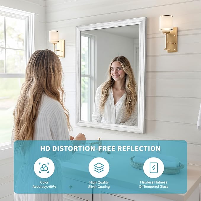 White Wood Effect Framed Wall Mirror, 24x32 Rectangle Mirror, Anti-desilvering Tempered Glass, Sustainable& Sturdy Frame, Farmhouse Mirror, Anti-Rust, 3min Fast Setup for Bathroom Living Room