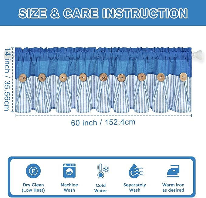 ASPMIZ Farmhouse Cotton Linen Valances for Windows, Boho Kitchen Curtains Valances with Rustic Button, Lake Blue Striped Window Treatments Curtain Valance for Bathroom Cafe, 60 x 14 Inch, 1 Pannel