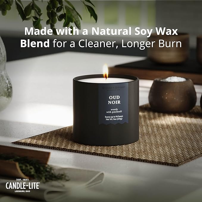 Candle-lite Rugged & Refined Scented Candle for Men, Oud Noir, 9 oz Tin, Poured in The USA, Masculine Fragrance, 1-Wick, 58 Hours of Burn Time, Ideal Gift for Man in Your Life & Father's Day