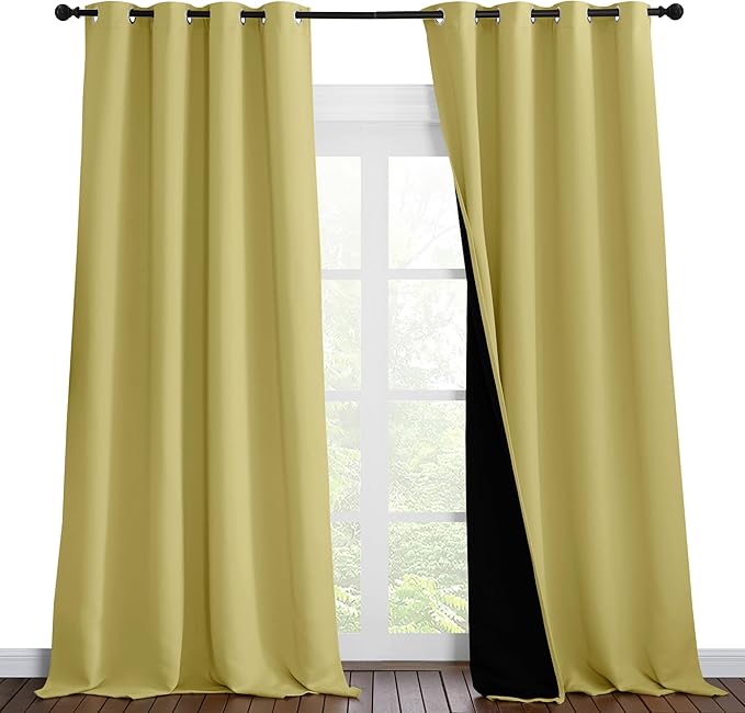 NICETOWN 100% Blackout Blinds, Set of 2, 52 inches x 120 inches, Laundry Room Decor Window Treatment Curtains for Large Patio Sliding Door, Thermal Insulated Paler Yellow Curtains for Bedroom