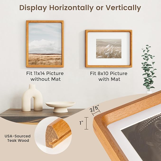 11x14 Picture Frame, USA-Sourced Teak Wood Photo Frame with HD Tempered Glass, Handcrafted Rounded Corner 11 x 14 Wooden Frames Matted to 8x10 Photos, Horizontal or Vertical Wall Display, 2 Pack