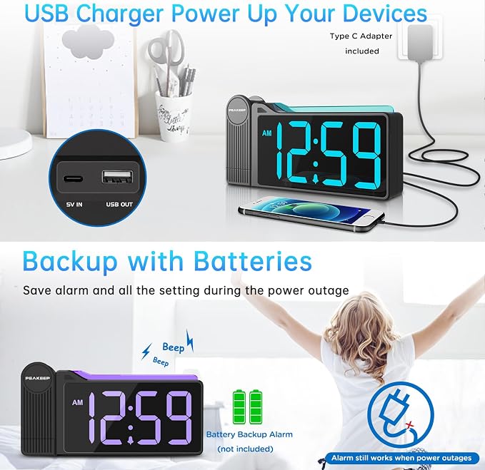 Peakeep Projection Alarm Clock for Bedroom Ceiling with Colorful Nightlight - Image 8