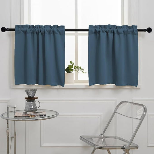 Pickluc Cafe Half Window Curtain - 24" Length, Rod Pocket, Blackout for Small Windows, 30" Wide x 36" Long, 2 Panels, Stone Blue