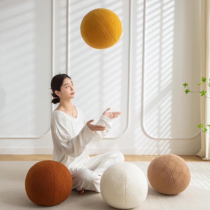 11.8 inch Ball Pillow Nordic Round Throw Pillows Boucle Ball Pillow Sphere Shaped Pillow Round Decorative Pillow for Couch, Sofa, Bedroom (Caramel, 11.8 inch)