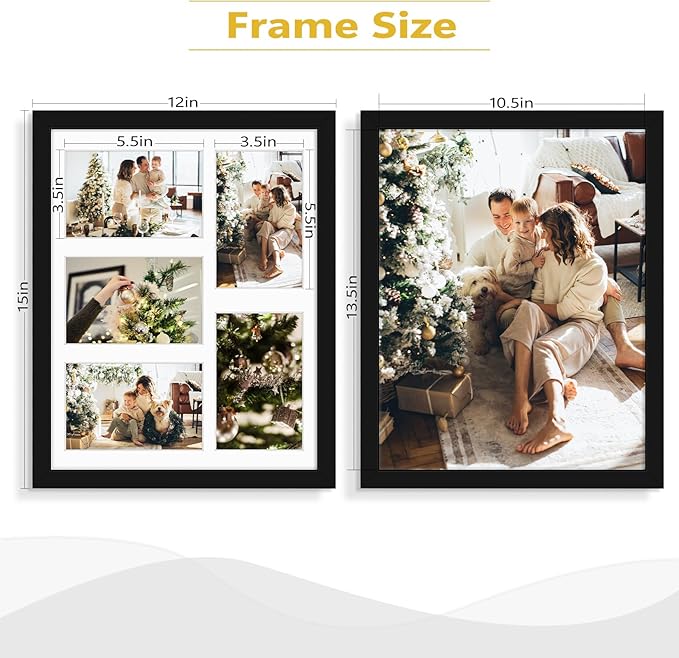 Golden State Art, 11x14 Black Wooden Frame with White Mat - Displays Five 4x6 Photos - Real Glass, Sawtooth Hangers, Flexible Metal Tabs - Wall Mounting, Landscape, Portrait